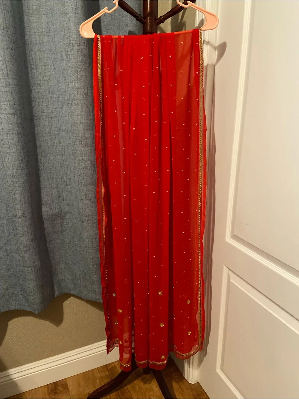 Vintage Red Embellished Indian Women’s Scarf Dupatta Shawl Veil with Gold Trim